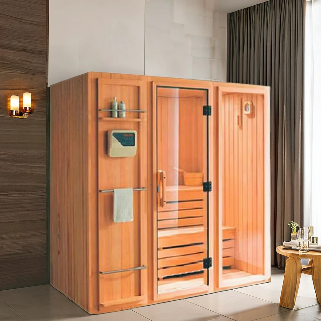 

Modern Design Two-Person Solid Spruce Pine Wood Sauna Room Dry Wet Steam Electric Heating With 3kw Power Control Panel