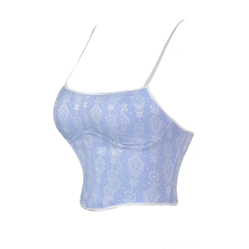 Camiseta sin mangas con corsé azul bebé para mujer, camisola con tirantes finos a la moda, corpiño Sexy, lencería gótica con cordones, ropa de calle