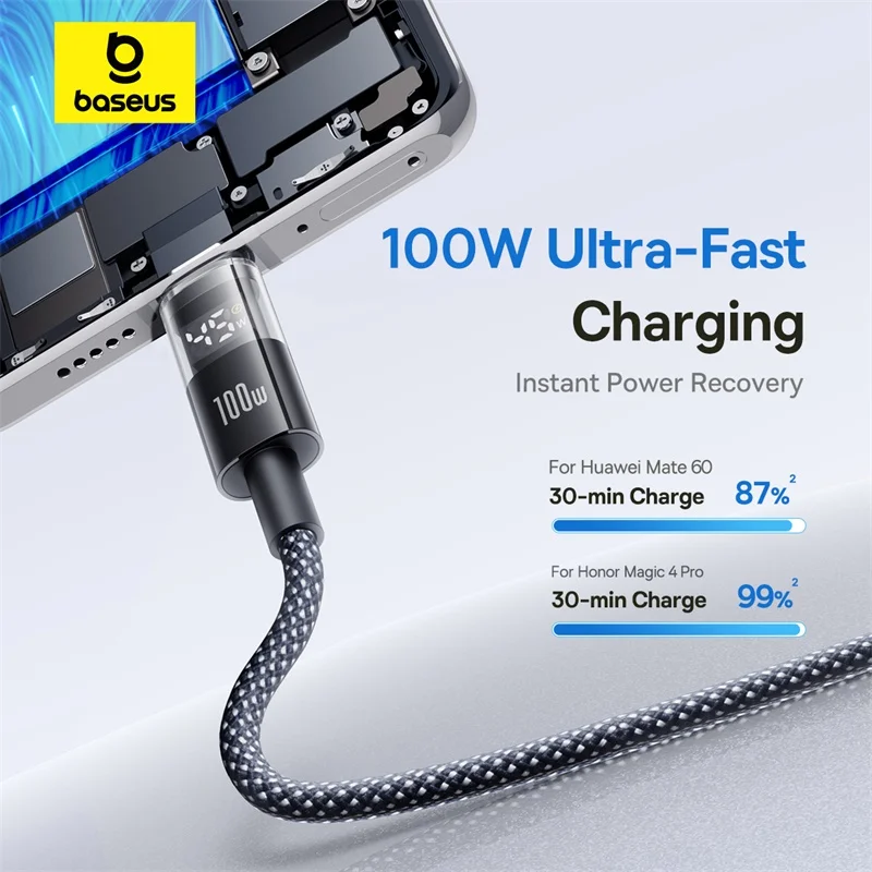 Baseus 100W USB Cable For Huawei Honor LED Display USB Cable Type C for Tablet Fast Charging Data Wire For Xiaomi 14