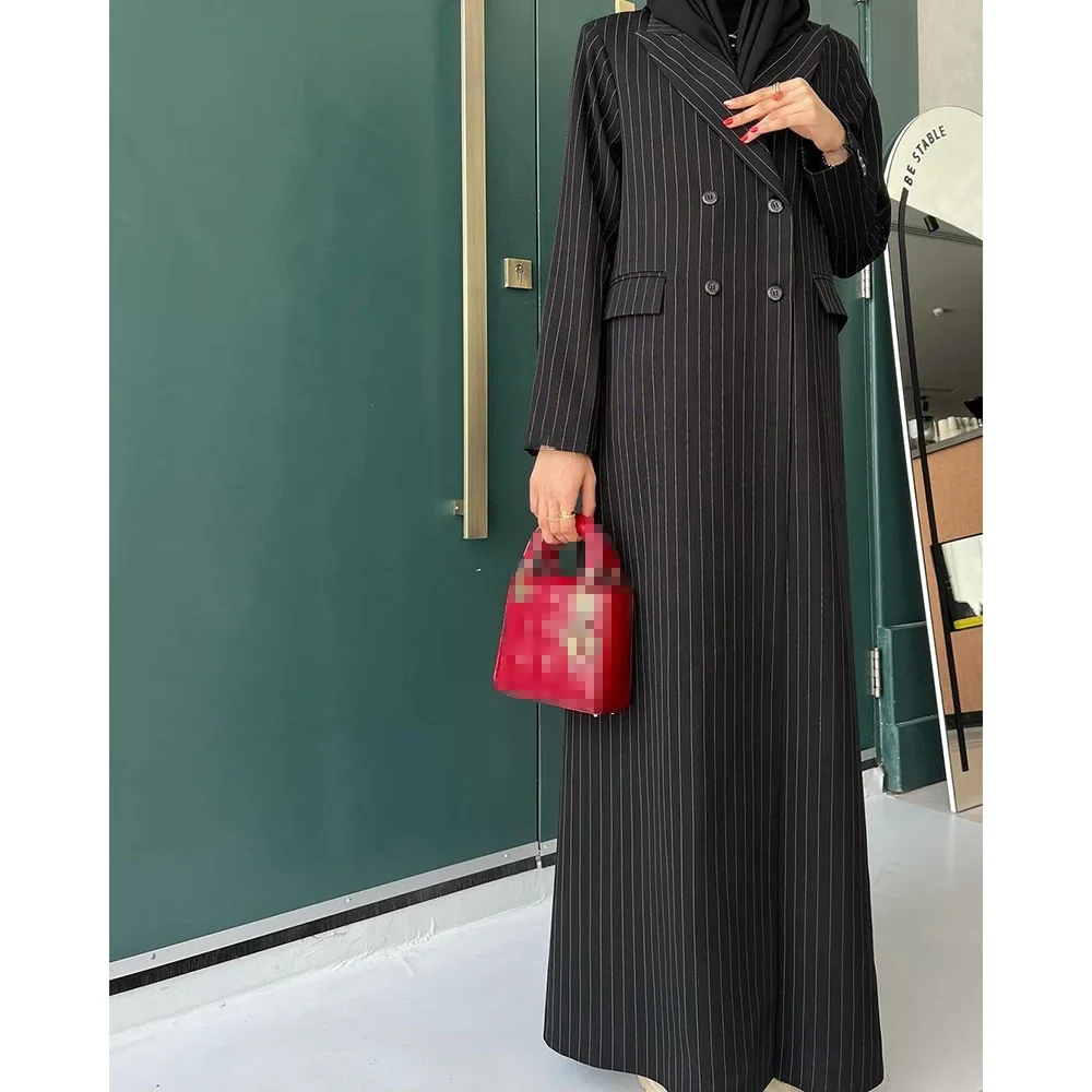 Luxury Muslim Dubal Abayas Black Stripe Double Breasted Peak Lapel Formal Women Suits 1 Piece Jacket Elegant Blazer Jacket