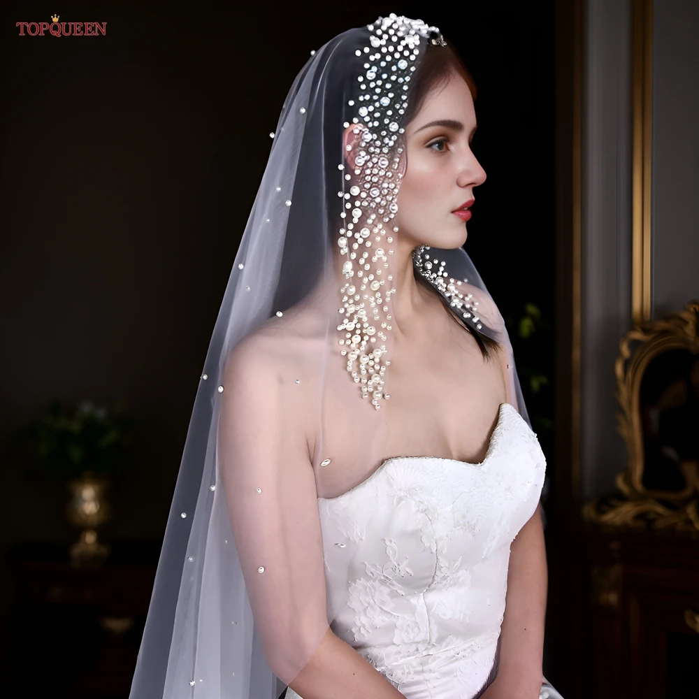 

TOPQUEEN Veil Christian Vintage Wedding Veil Soft Tulle Pearl Headband 3M Long Bridal Cathedral Veil Wedding Accessories V207