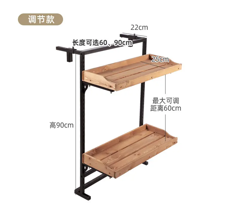 Solid wood balcony railing flower rack hanging guardrail storage rack wrought iron double-layer hanging flower pot hanger succul
