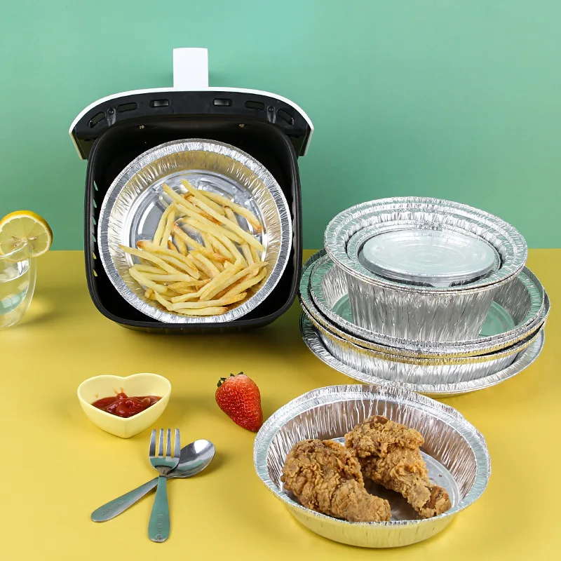 10pcs 6/7/8 inch Portable Silver Foil Trays Bakin Tools Non-Stick Round Foil Flan Dishes Disposable Air Fryer Liner Roasting