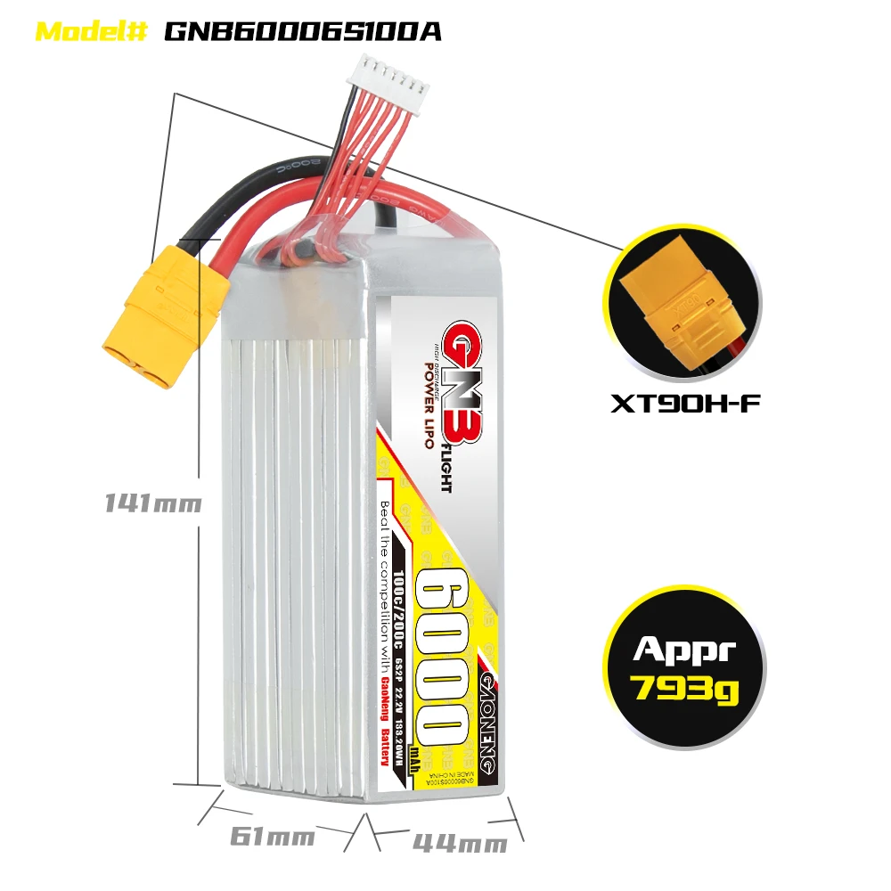 GNB GAONENG 6S 6000mah 22.2V 100C 200C XT90 LiPo Battery High Discharge Drone Helicopter RC Car Boat Truck Buggy Truggy Tank