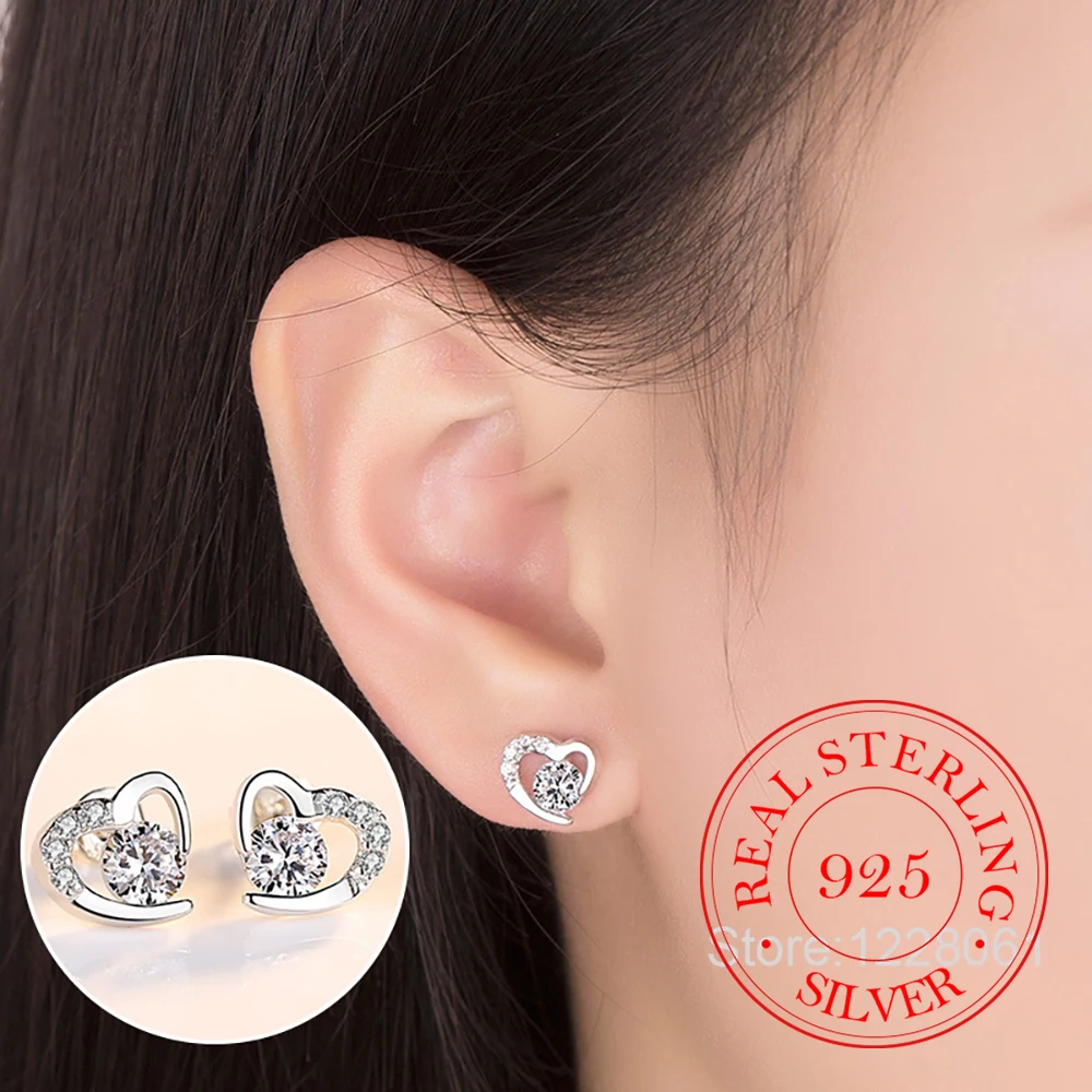 

925 Sterling Silver Jewelry Crystal Zirconia Hollow Heart Stud Earrings for Women Wedding Party Jewelry For Girls Friend Gift