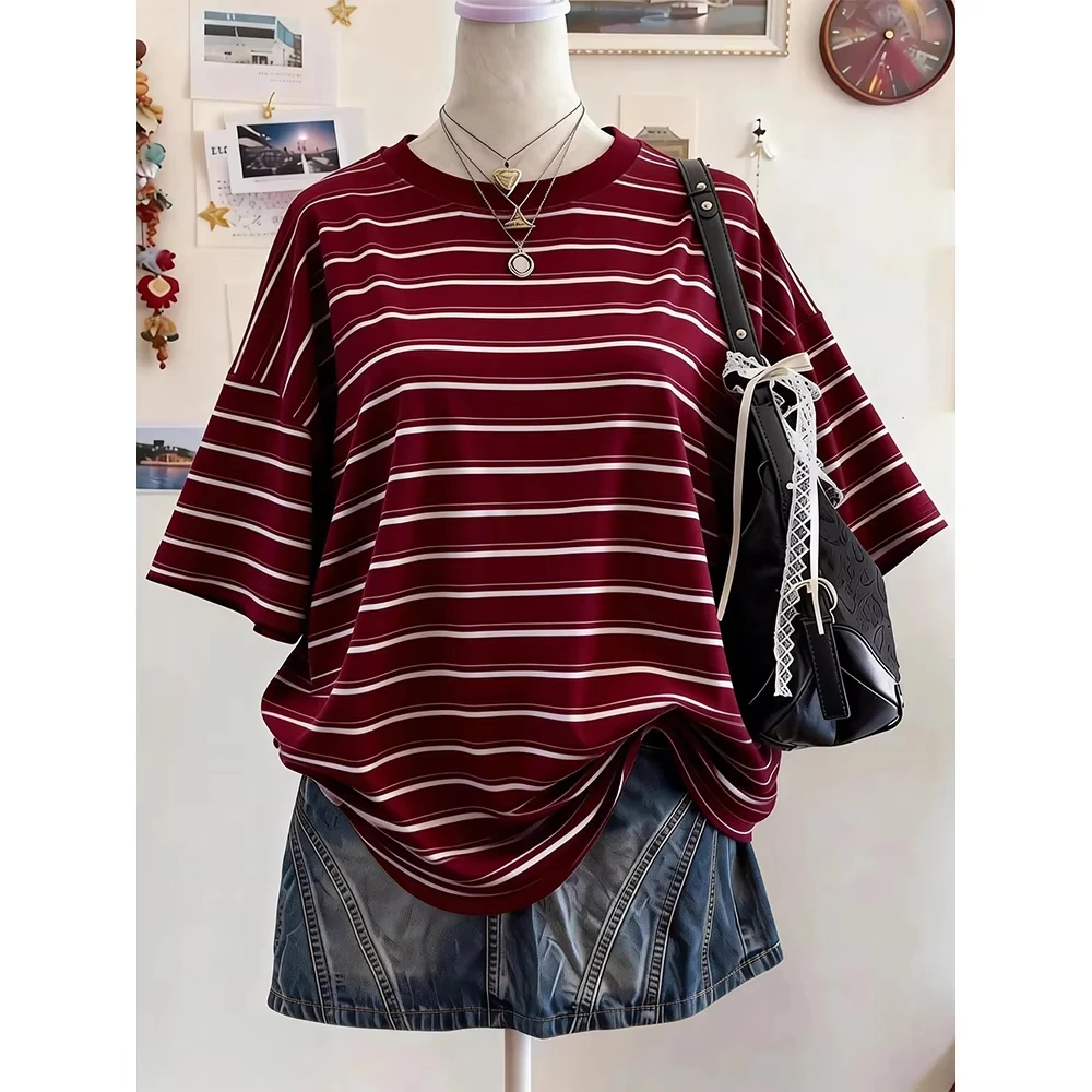 2026 Y2K Gestreiftes Digital-Print Lässiges Oversize-T-Shirt mit Rundhalsausschnitt für Damen und Kinder, Street-Fashion Casual Sport-Oberteil – Detail 12