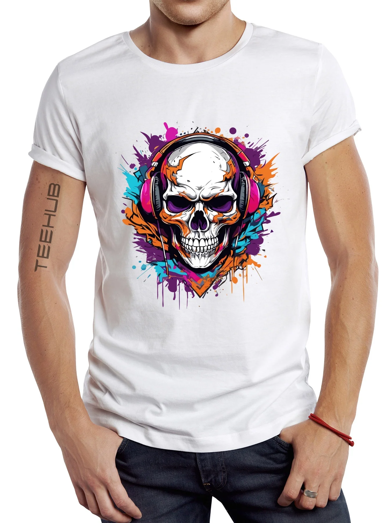 Teehub-男性用ヒップスターTシャツ,クールな頭蓋骨Tシャツ,ゾンビロックプリントのトップス,半袖,ファッショナブル,新品,25