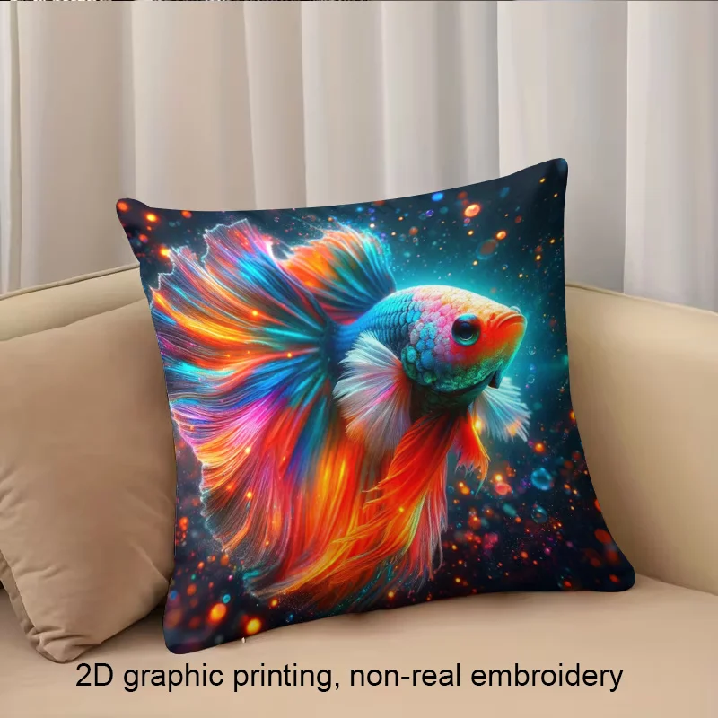 1pc 2D Flat Pillow Not Included Colorful Betta Fish Galaxy Print Cushion Cover Plush Aquarium Lover Gift Case