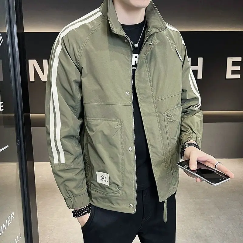 Street Fashion Trend Autumn New Jackets Men Stand Collar Contrast Color Zipper Korean Young Style Long Sleeve Cargo Coats Tops