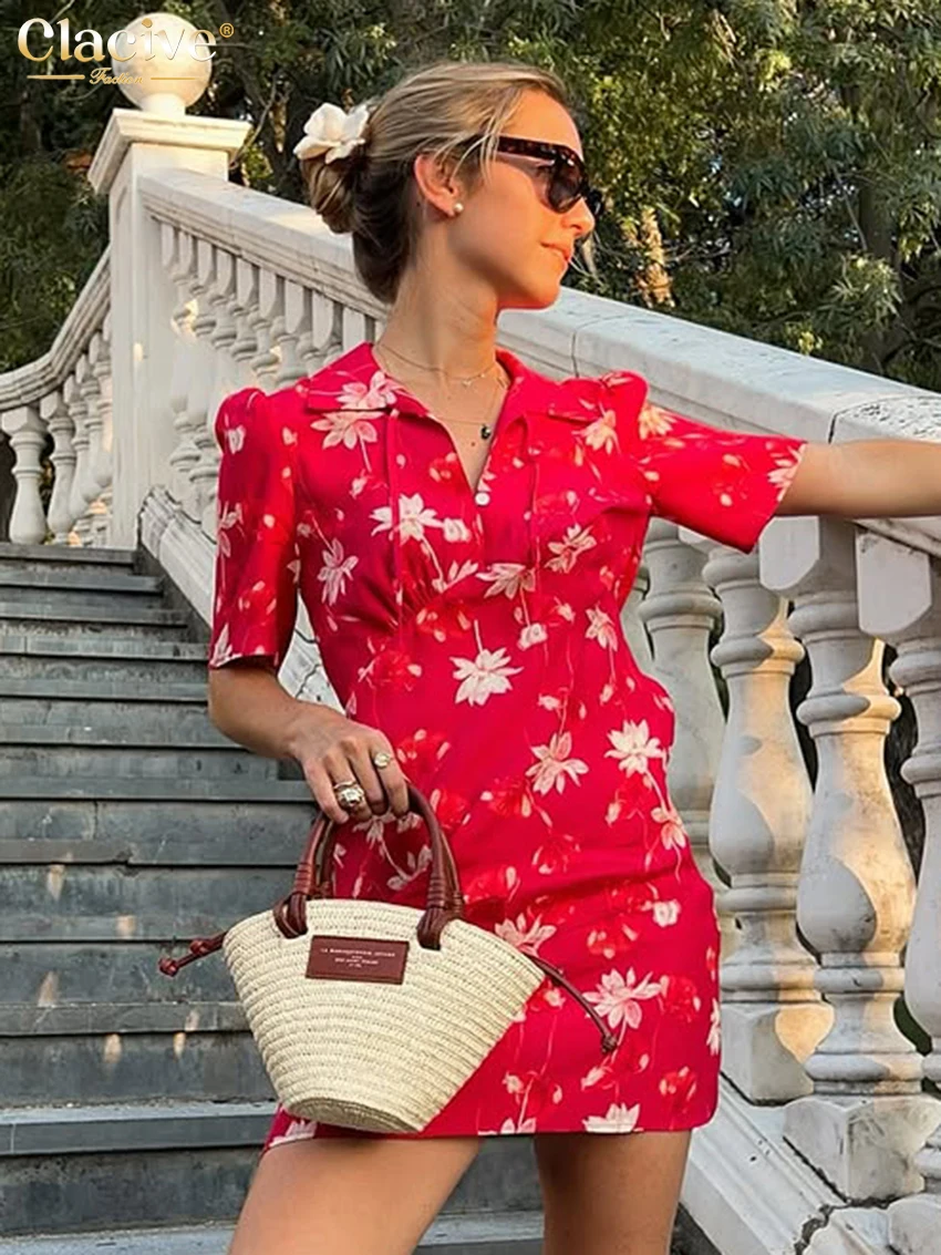 

Clacive Summer Loose Print Women Dress 2026 Fashion Lapel Short Sleeve Mini Dresses Lady Elegant Classic Female Dress Streetwear
