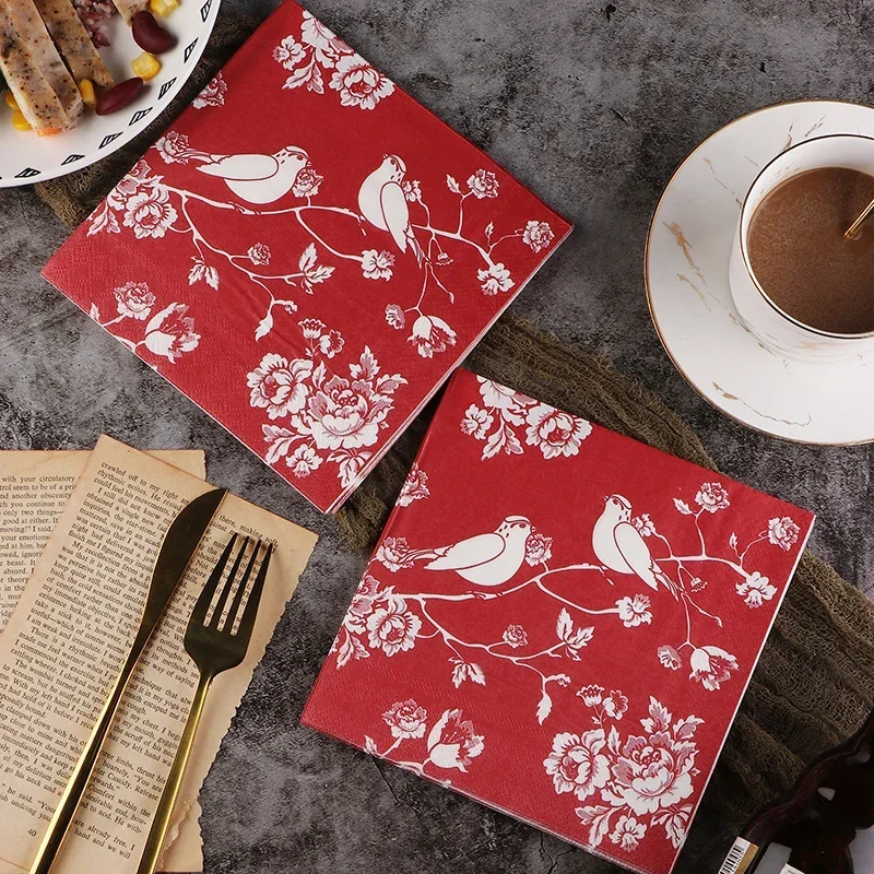 Red Chinese Style Colourful Napkin Printed Paper Napkin Wedding Hotel Pure Wood Pulp Paper 20pcs/pac Magpie 2-ply 33cm Foodgrade