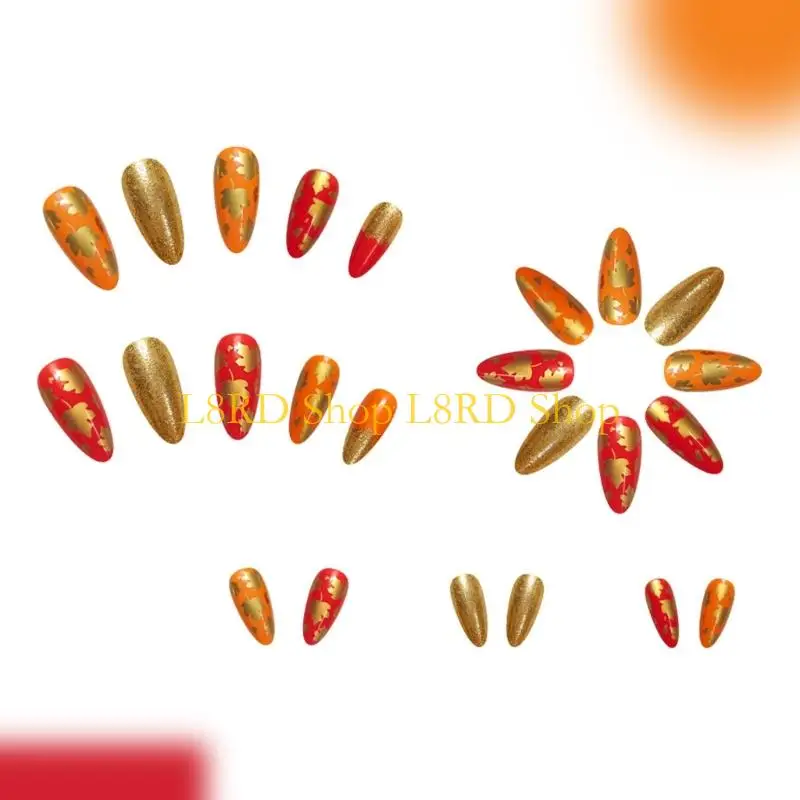 L8RD 24 個秋メープルリーフプレスオンネイルアーモンドフェイクネイルグリッター Desigsn 感謝祭偽ネイル秋スティックオンネイル