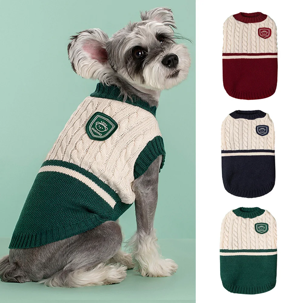 

Warm Dog Knitted Sweater College Style Dog Puppy Clothing Costumes Pet Cat Pullover Outfit for Small Medium Dogs Schnauzer Teddy