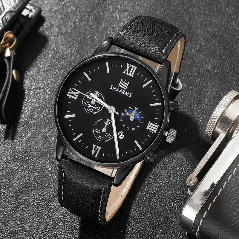 3PCS Set Fashion Mens Sports Watches Man Business Calendar Quartz Wristwatch Luxury Black Leather Strap Casual Male Clock