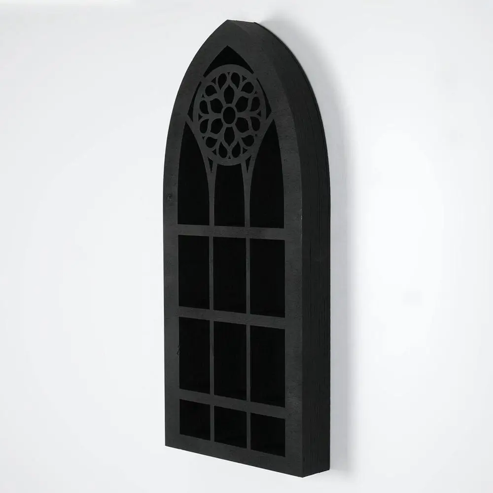 

Gothic Design Wall Mounted Floating Shelves Black Finish Wooden Material Old Church Window Shelf Floating Design Crystal Display