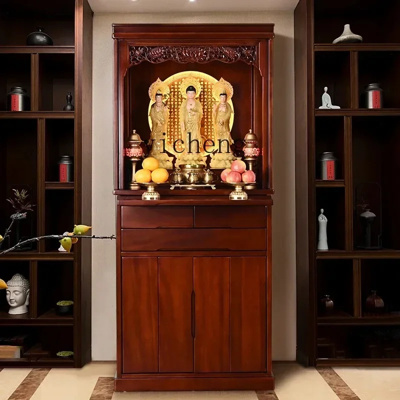DSA Red Walnut New Chinese Solid Wood Buddhist Shrine Household With Door Buddhist Cabinet