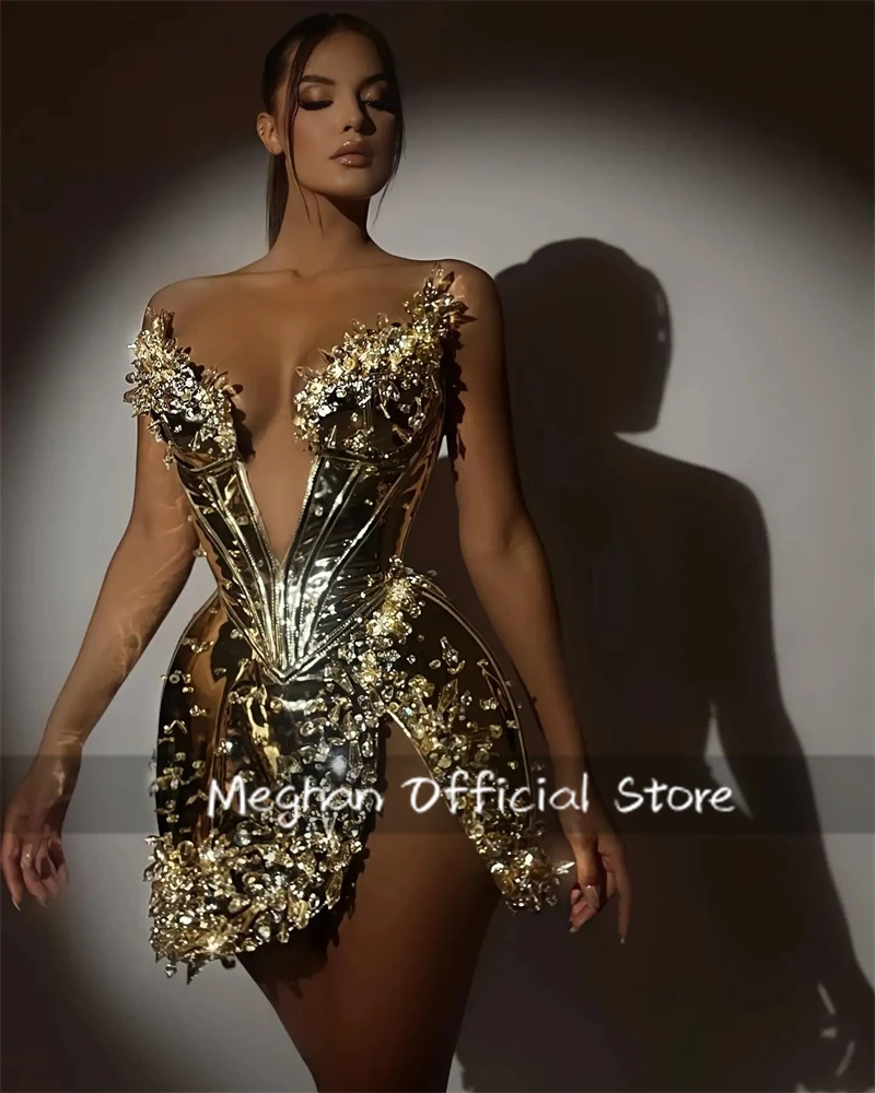 New Arrival Gold Mini Prom Dresses 2025 Bead Crystals Cocktail Dresses For Women Pageant Gown Vestidos De Noche Customized