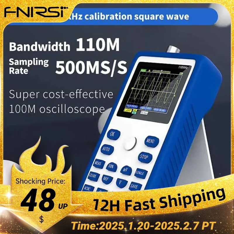 FNIRSI-1C15 Handheld Mini Portable Digital Oscilloscope 110M Bandwidth 500MSps Sampling Rate 1Khz Square Wave Waveform Storage