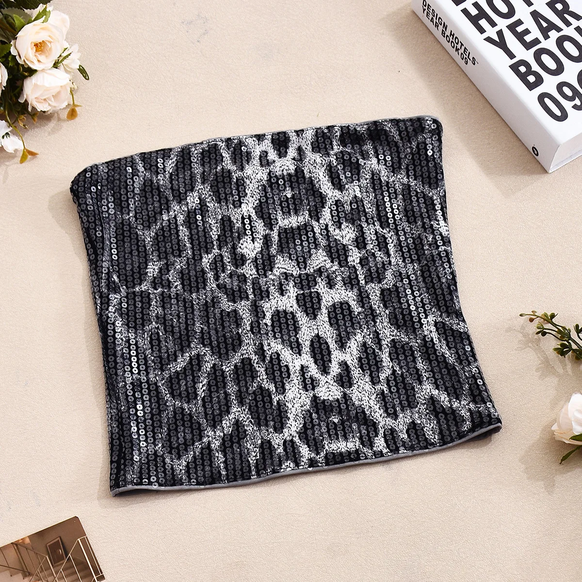 Top corto sexy da donna Y2k con stampa leopardata senza spalline, gilet con paillettes, cerniera avvolgente sul petto