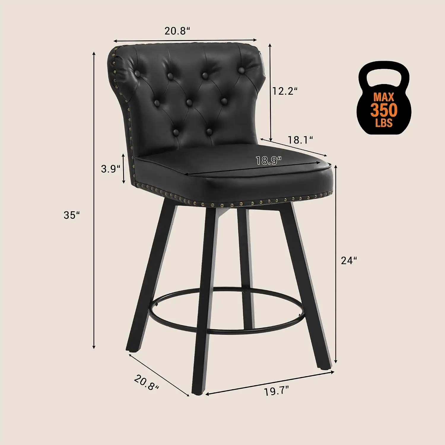 Retro Swivel Bar Stool Set of 4 with Adjustable Metal Base, Armless PU Leather High Back Thick Seat for Kitchen Counter, Customi