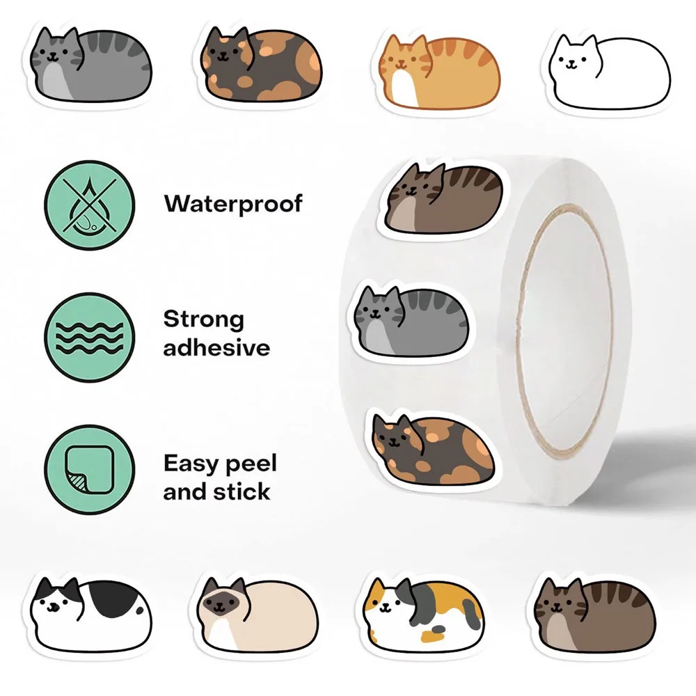 Cute Kitty Sticker Roll (500 Sheets) Decals for Planner Decoration, Envelope Sealing & Aesthetic Notebook Crafts