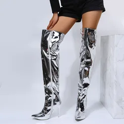 Comemore Women Boots Mirror Pointy Toe Punk Thin High Heels Over The Knee Long Boots Autumn Winter Zip Silver Casual Party Shoes