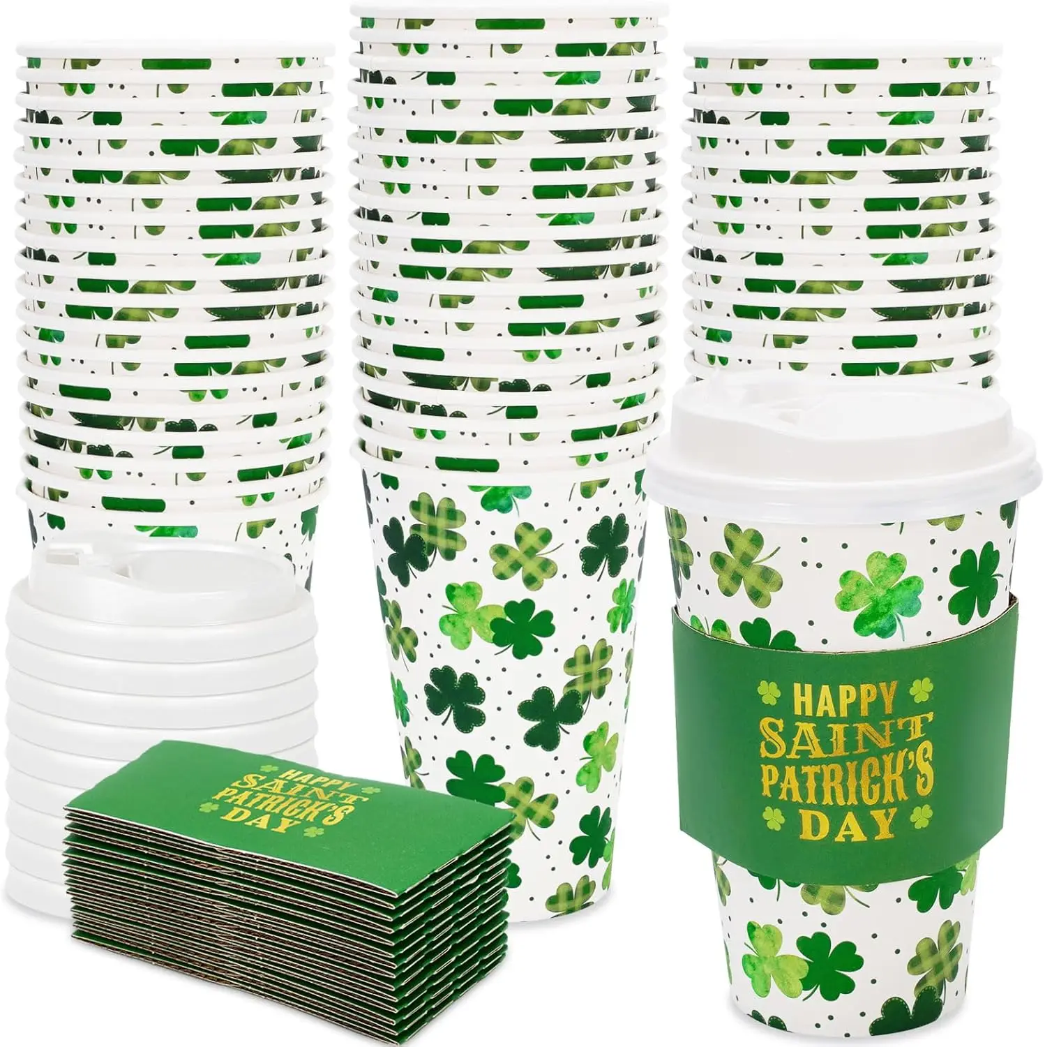

48 Pack St. Patrick's Day Disposable Coffee Cups with Lids and Sleeves 16 oz Green Shamrock Clover Paper Cups Drinking C