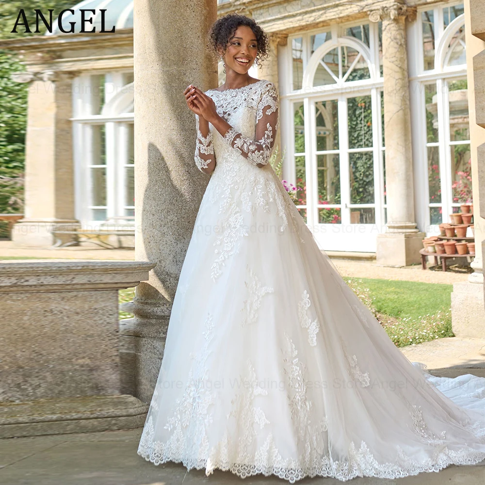 ANGEL Civil Wedding Dresses For Bride Customized Long Sleeves Backless Scoop Bride Gowns A-Line Lace Applique vestido de noiva