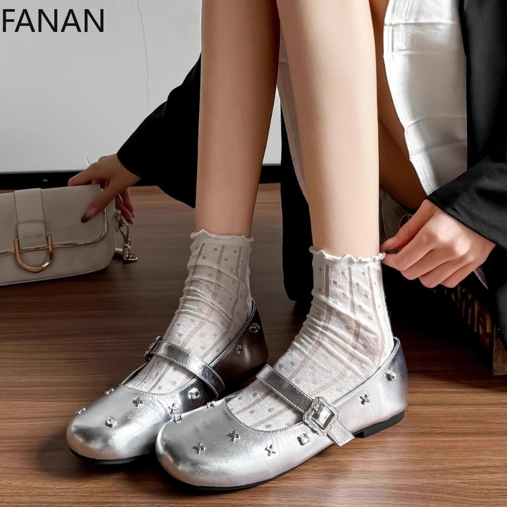 

2023 японские летние серебряные ветровые туфли в стиле панк со стразами, балетки на низком каблуке, милые женские туфли Мэри Джейн в стиле каваи