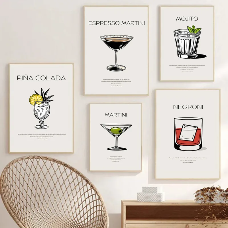 Minimalist Cocktail Canvas Print Wall Art Espresso Martini Mojito Negroni Piña Colada Painting for Living Room Home Bar Decor