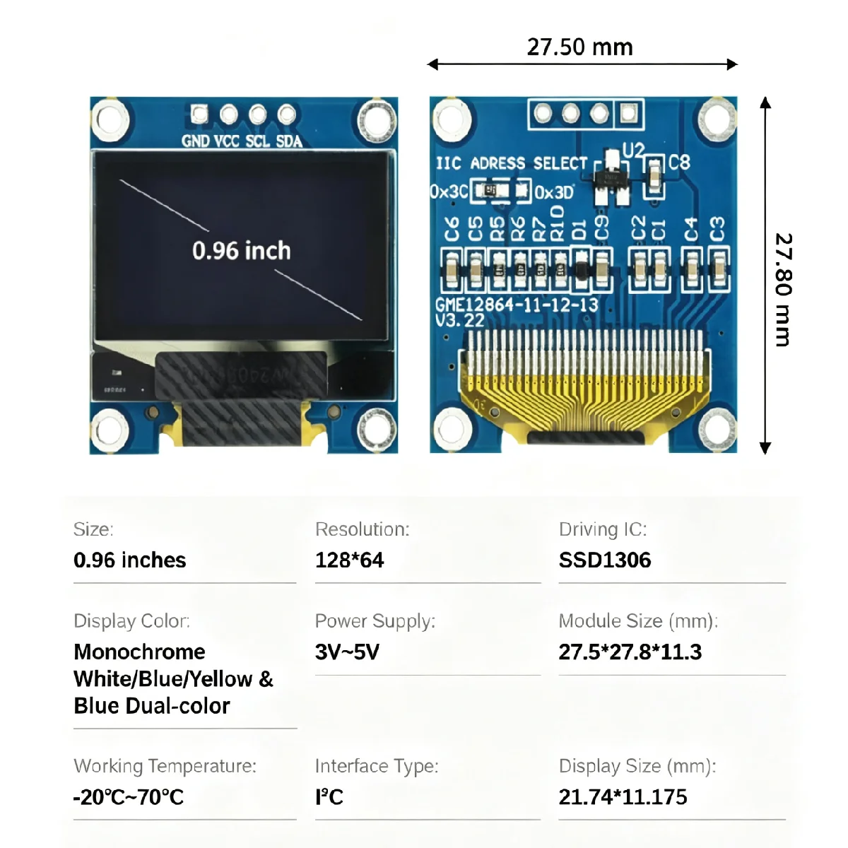 0.96 Inch OLED Display Module 128x64 I2C IIC 4Pin SSD1306 Driver White Blue Yellow Screen for Arduino ESP32 ESP8266 M114