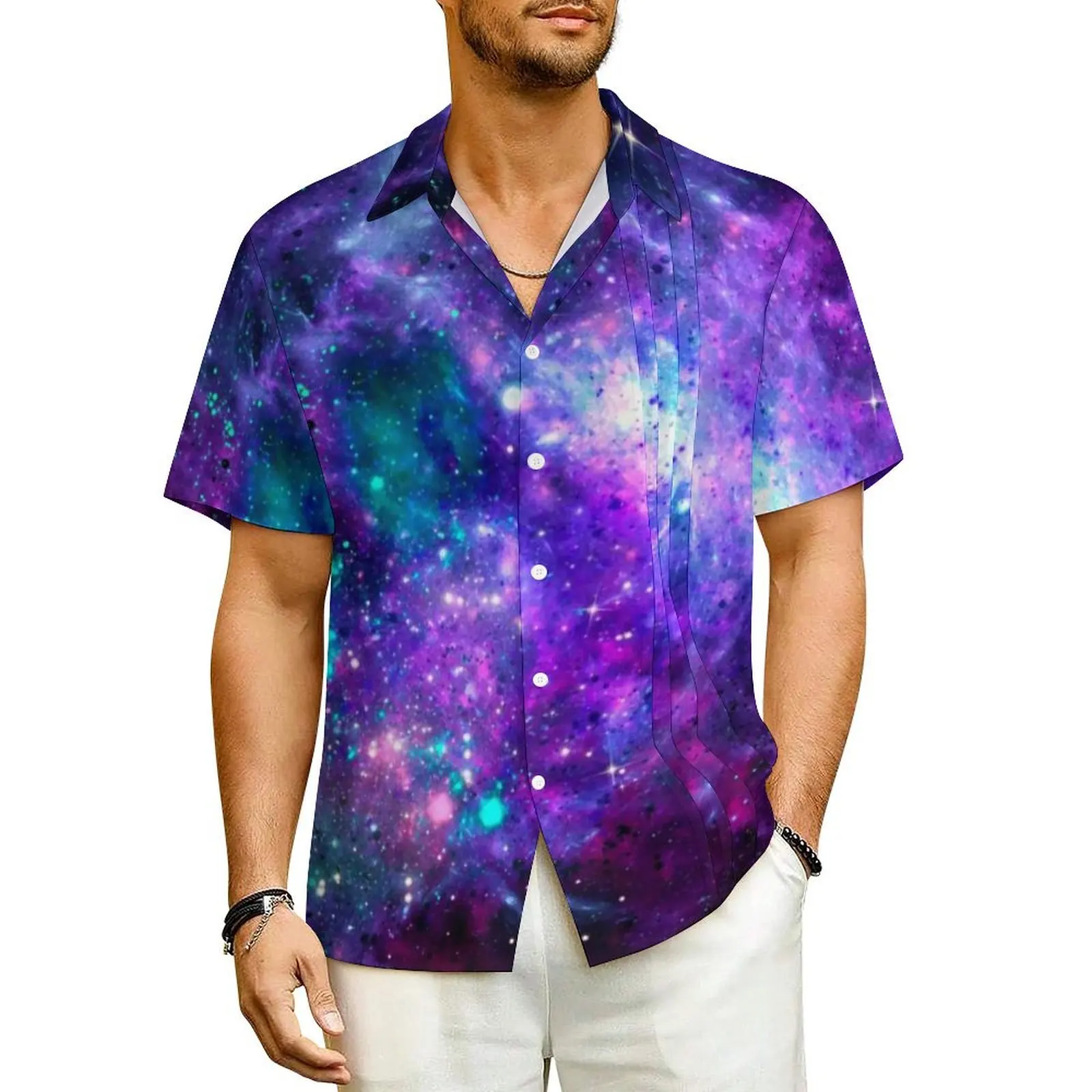 

Рубашка мужская оверсайз с коротким рукавом, стильная Элегантная сорочка небесно-фиолетового цвета, в стиле Фэнтези галактики и космоса, повседневная одежда для отпуска, лето