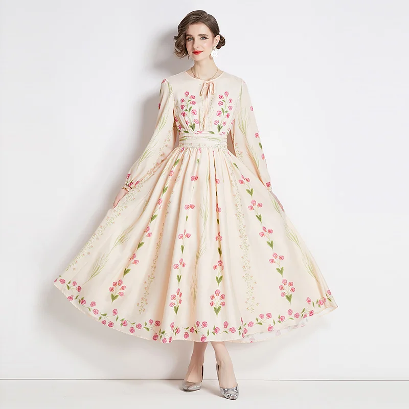 2024 Spring New Apricot Silk Flower Printed Long sleeved Dress for Women O-Neck Spliced Waist Slimming A-line Skirt Long Dress