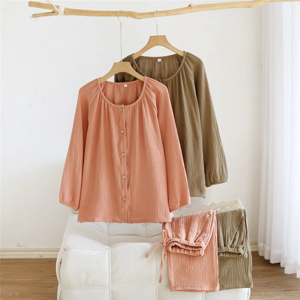 Solid Color Womens Cotton Gauze Pajama Set Long Sleeve Button Down Shirt and Lounge Pants 2 Piece Cute Sets