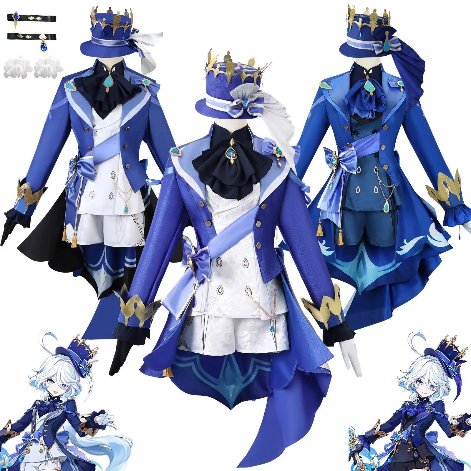 

Новый Fiesta Carnival Halloween Cos Косплей Genshin Impact Focalors Fontaine Water God Furina Женская игровая обувь Парик
