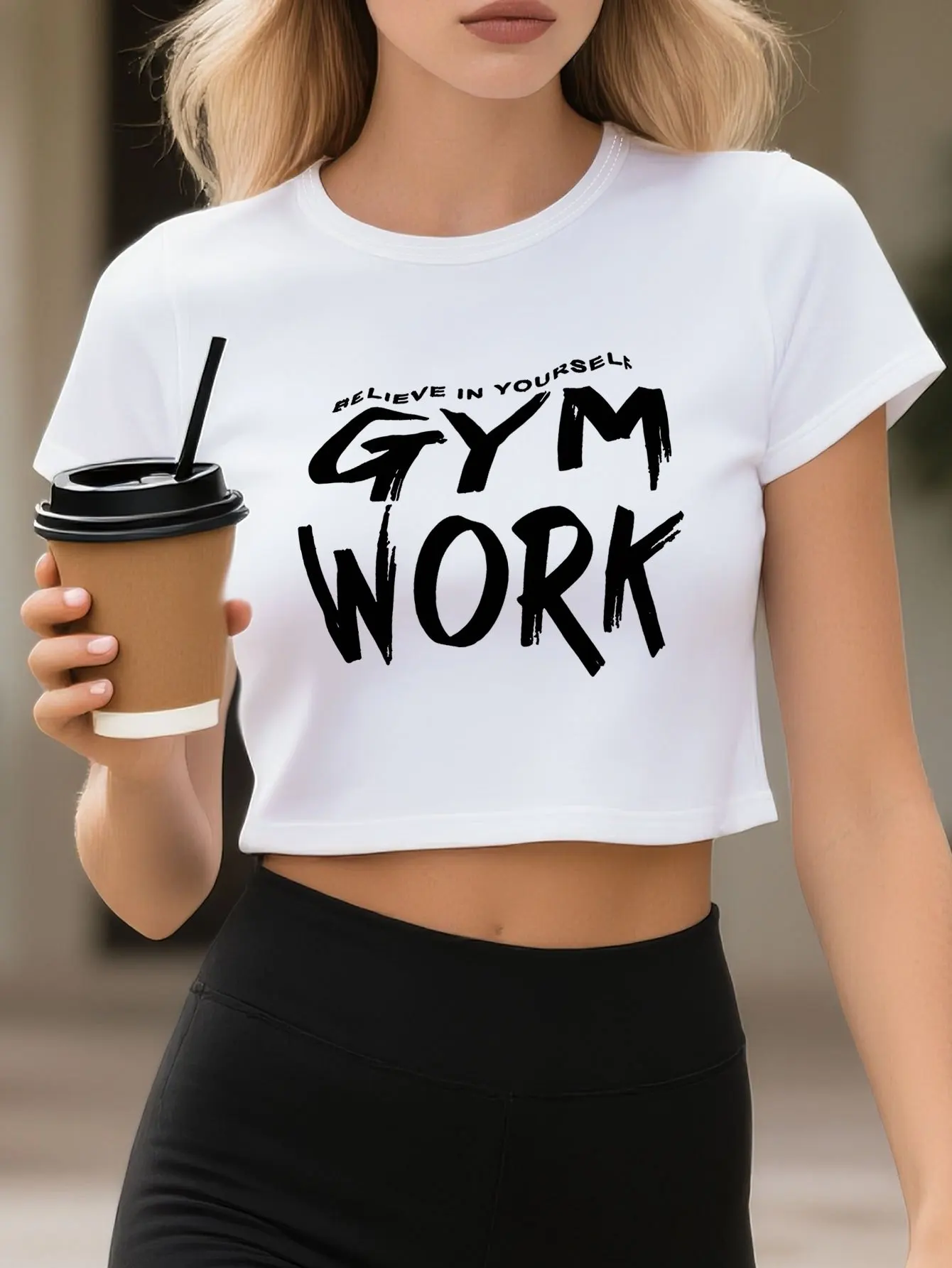 Cropped Navel-baring Top with GYM WORK Fitness Print Made Summer Short Sleeved Harajuku Streetwear Tops Tees Aesthetic Clothes