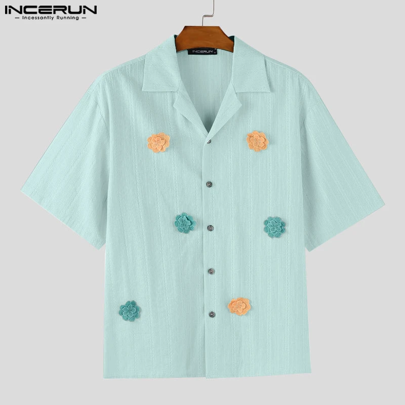 INCERUN Men Shirt Flower Patchwork Cotton Lapel Short Sleeve Male Shirts Summer Streetwear Breathable Casual Men Clothing S-5XL
