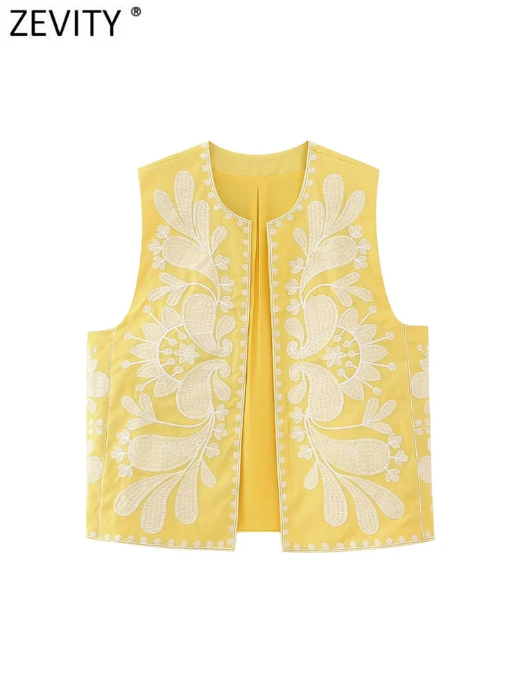 Zevity Women Vintage O Neck Contrast Color Flower Embroidery Cardigan Vest Jacket Female Sleeveless Retro WaistCoat Tops CT4806