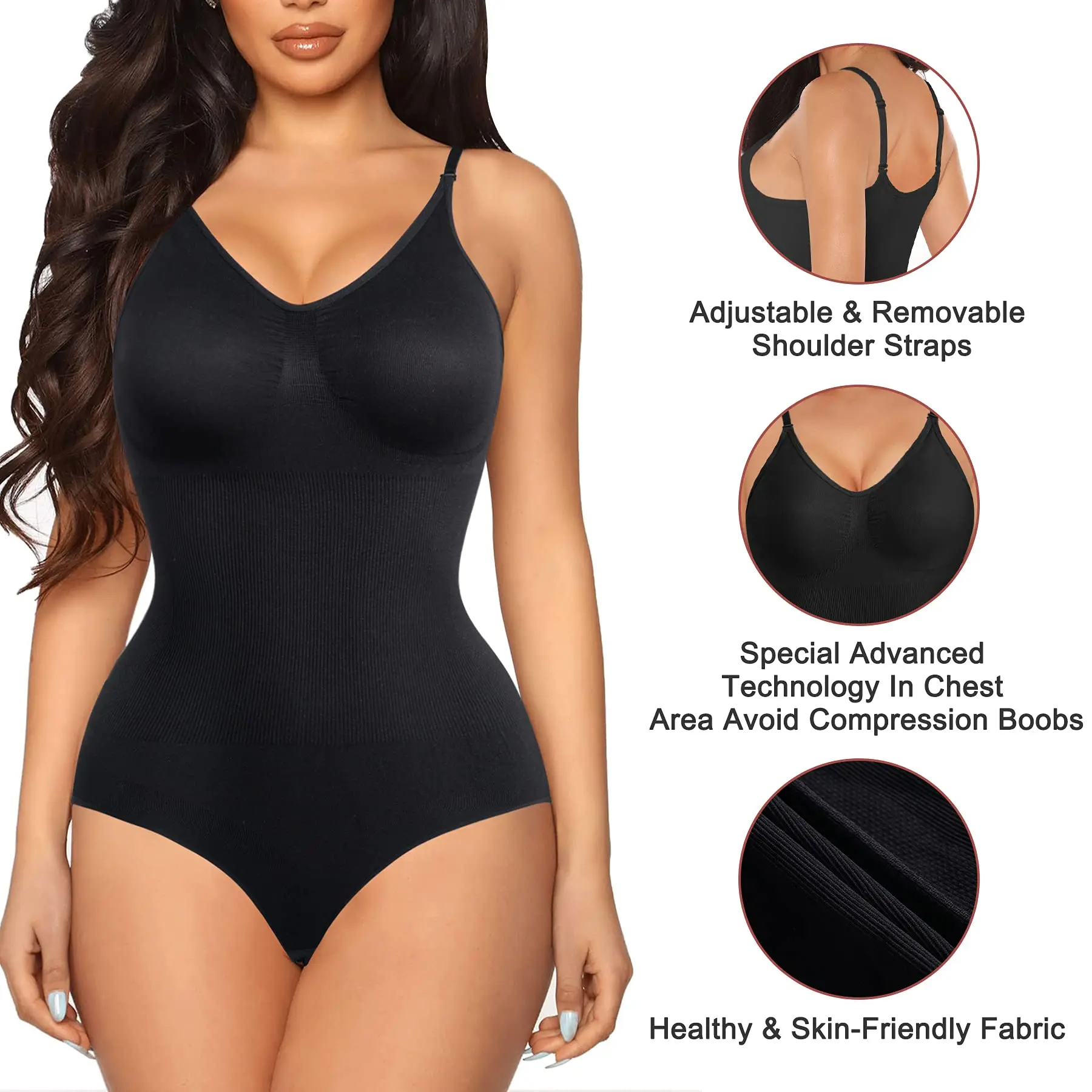 Women V Neck Slimming Bodysuits Shapewear Tops Tummy Control Body Shaper Spaghetti Strap Camisole Leotards Hip Lifter Corset