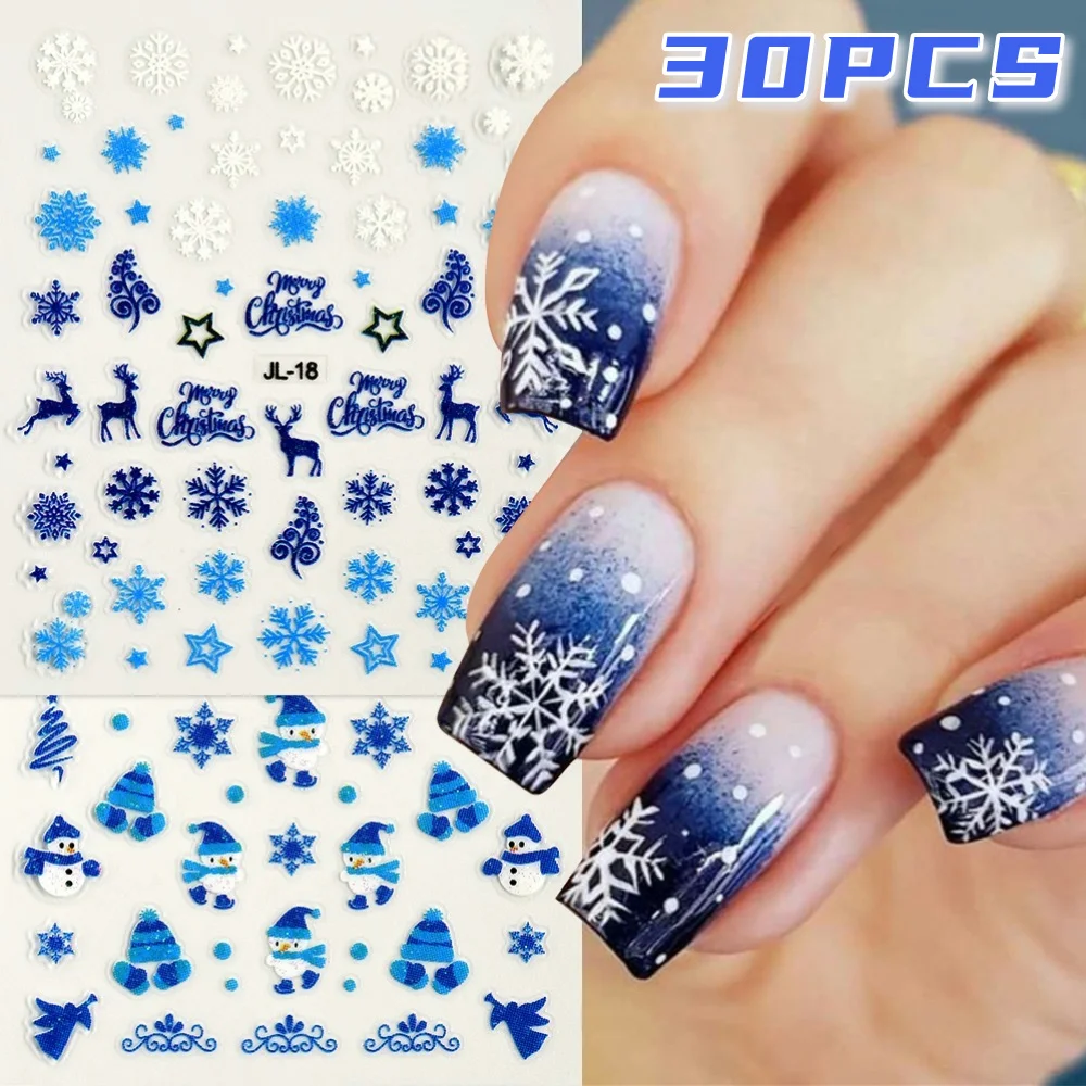 30 stks 6*5 cm 3D Kerst Glittery Nail Sticker Blauwe Sneeuwvlokken/Elanden/Sneeuwpop Cartoon Nail Decals DIY Winter Xmas Manicure Versieren