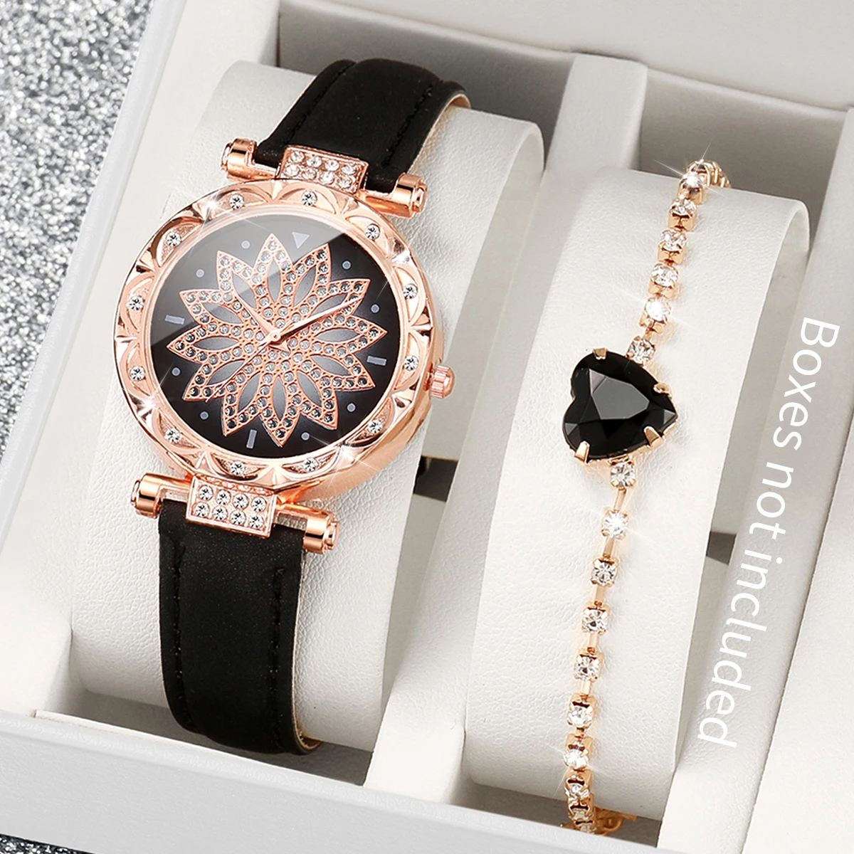 2PCS/Set Women's Watch Fashion Flower Dial Leather Band Quartz Watches Heart Bracelet Set（Without Box）