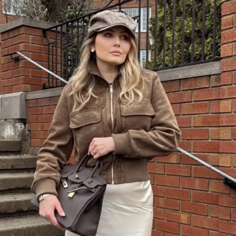 FRAYA LAB Women Stand Collar Long Sleeve Cinched Waist Cropped Jacket Fall Winter New Trendy Chic Outerwear Soft Warm Coat Top