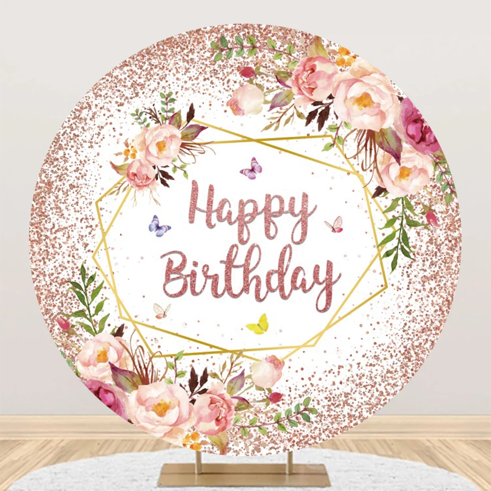 Happy Birthday Round Photography Backdrop Cover Gold Geometric Frame Floral Background Baby Shower Kids portrait Photo Booth