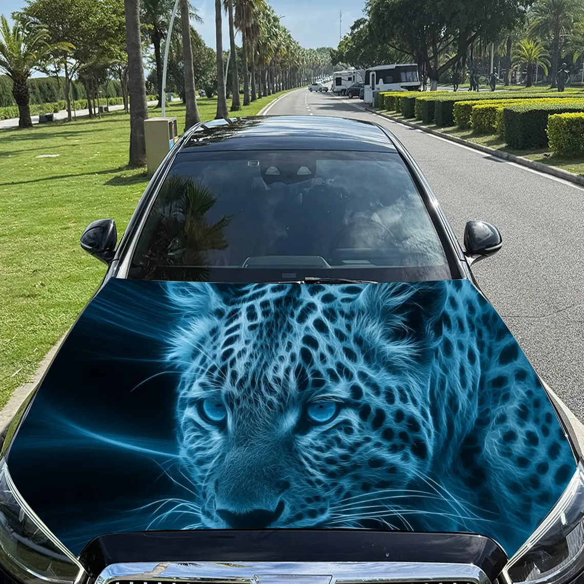 

Mysterious Blue Lightning Leopard PVC Car Engine Hood Vinyl Wraps, Self-Adhesive Waterproof Car Hood Decal Sticker, Car Decorati