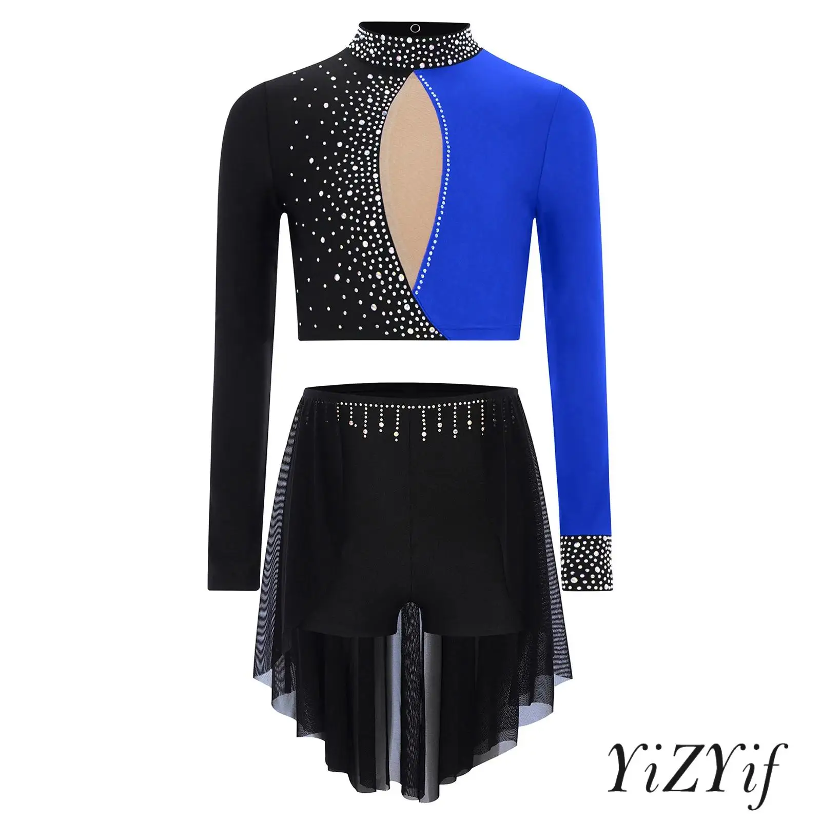 

Lyrical Modern Dance Outfit for Girls Sparkly Color Block Crop Top with Flowy Mesh Skirt Figure Skating Dance Competition Wear