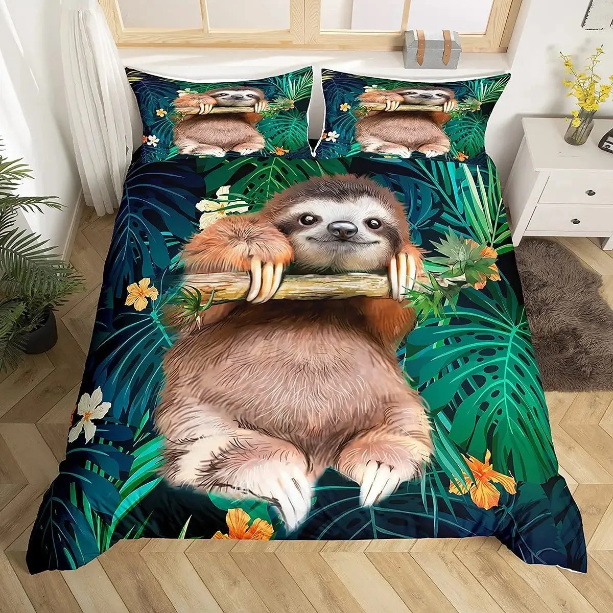 

Cartoon Sloth Duvet Cover Set Cute Animals Bedding Sets for Boys Girls Funny Sloth Tropical Leaves Floral Nature Quilt Cover Set