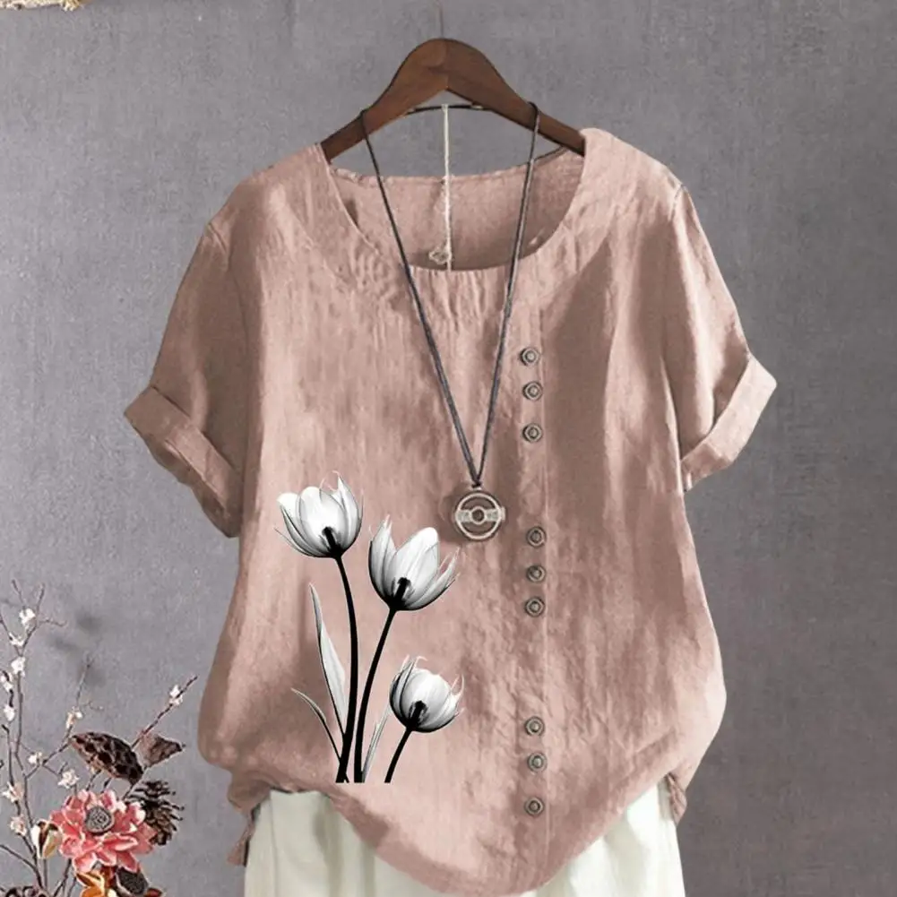 Women\'s Summer New Fashion Casual Linen Shirt Round Neck Printing T-shirt Short Sleeve Tops Loose Blouse S-5XL