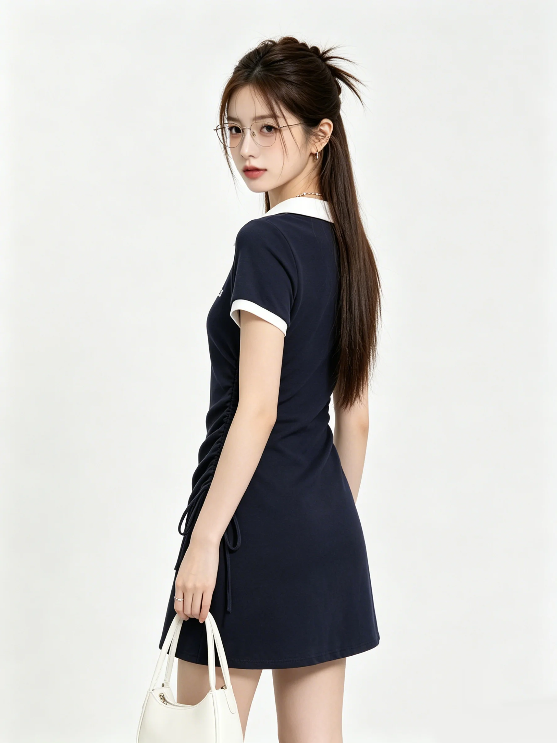 Retro Color Block  Collar Short Sleeve Drawstring Slimming Short Dress Summer Commuter Style for Women Breathable A-Line ...