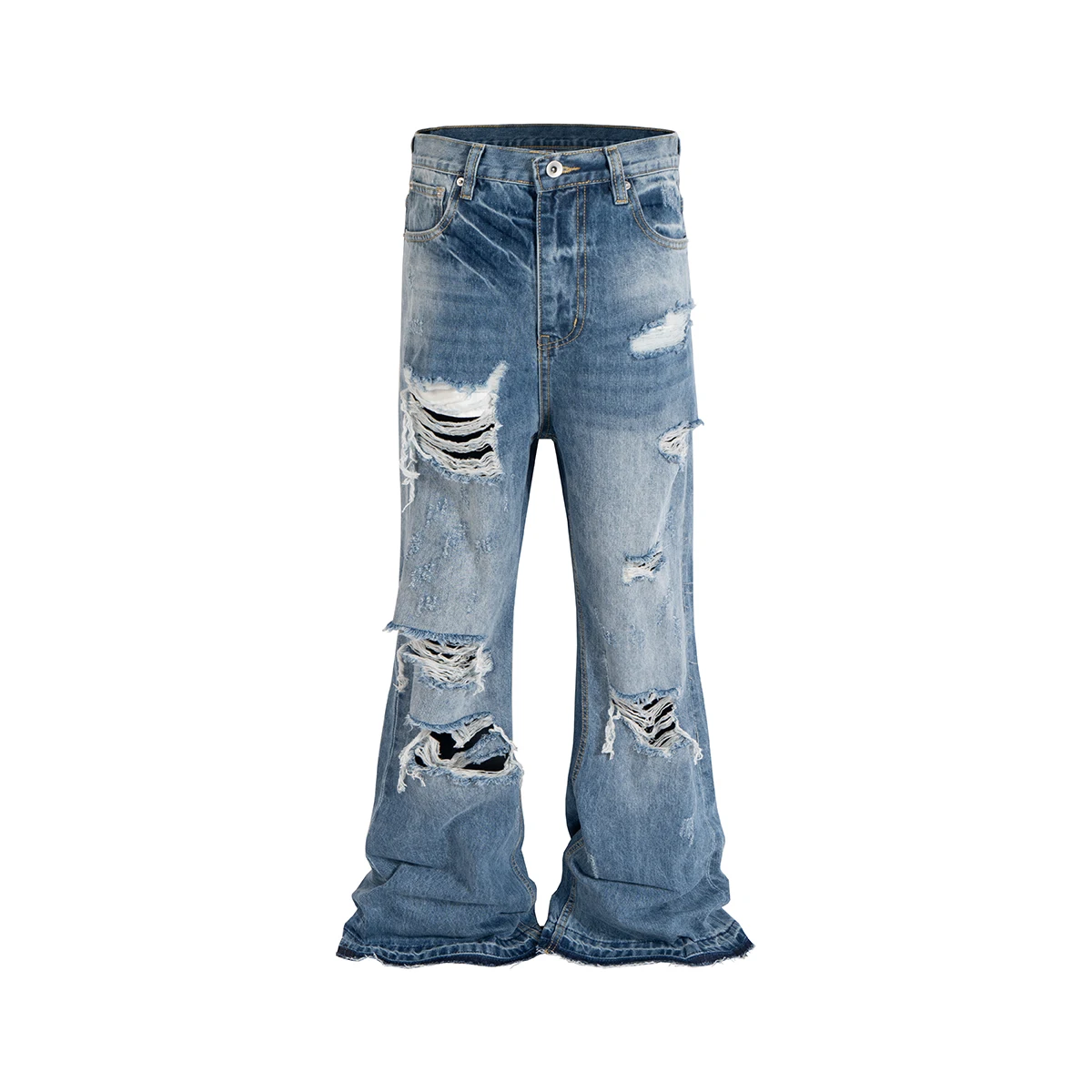 Distressed Vintage Hole Ripped Blue Flare Jeans Pants for Men and Women Streetwear Casual Baggy Denim Trousers Oversized Cargos