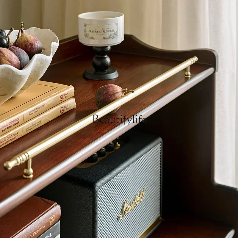 French retro solid wood removable bedside table with wheels mini TV side cabinet